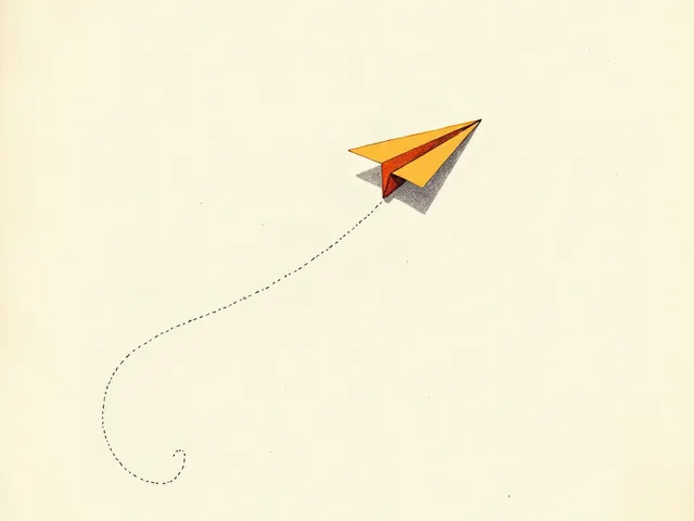 An orange paper plane in flight, a dashed line curling behind it.