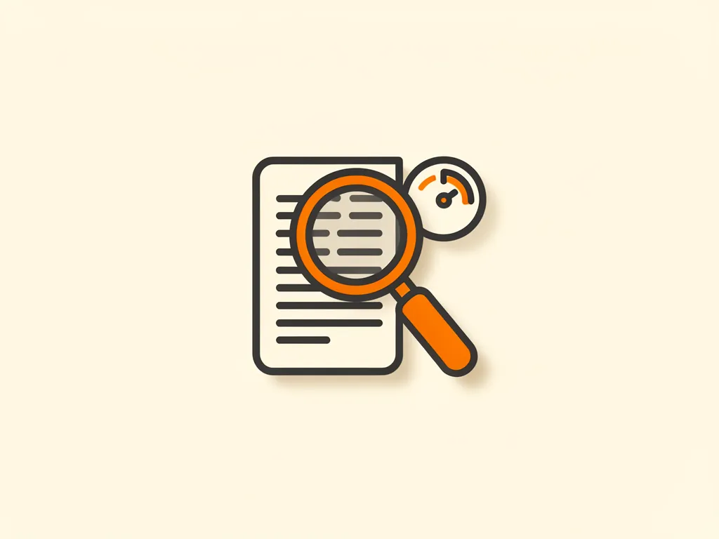 Illustration of a magnifying glass over a document beside a gauge dial