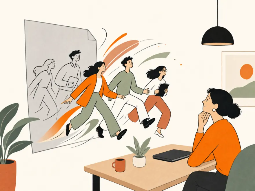 Illustrated characters stepping out of a flat grey document into colour and motion.