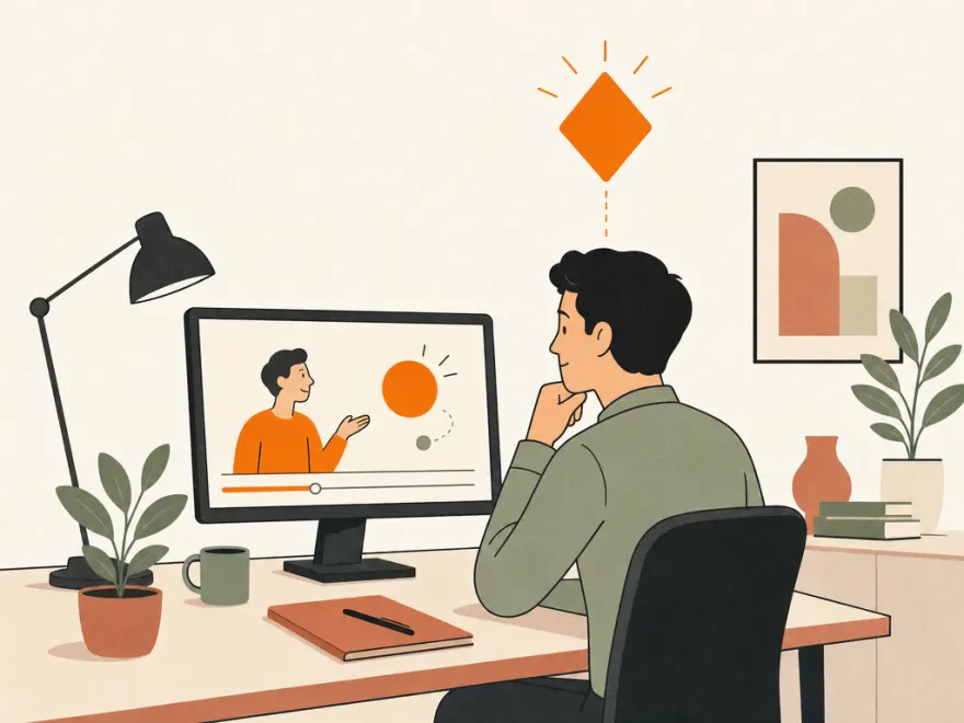 An employee at their desk watching a short animated explainer, with a single idea staying with them.