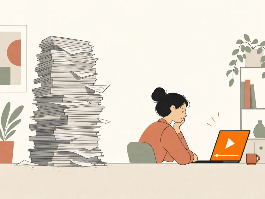 A towering stack of untouched paper documents beside someone happily watching a short video.